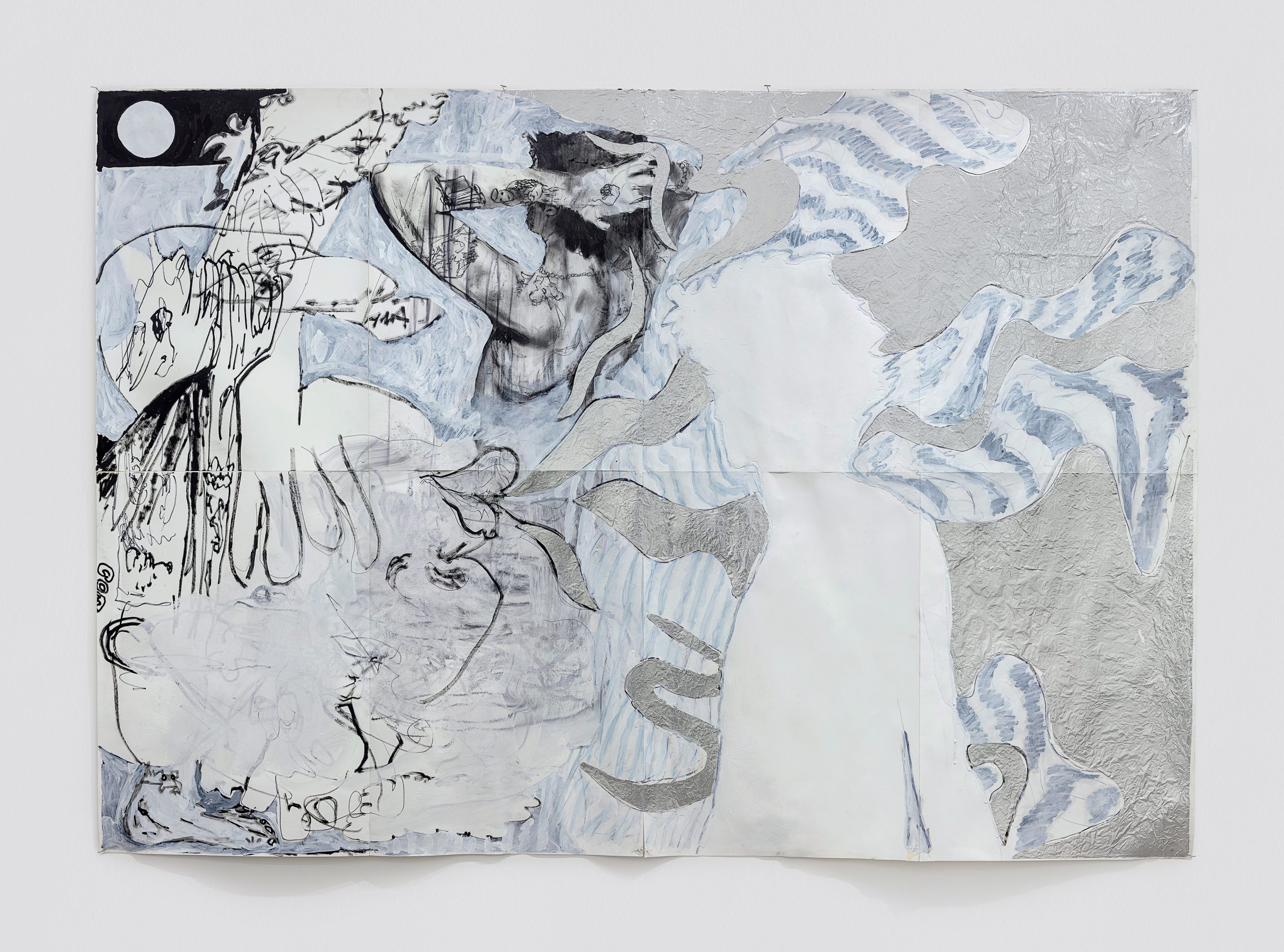 Gabriel Pitan Garcia, Sopro_2020, Acrílica, carvão, caneta permanente e papel alumínio sobre papel, 140 x 199 cm