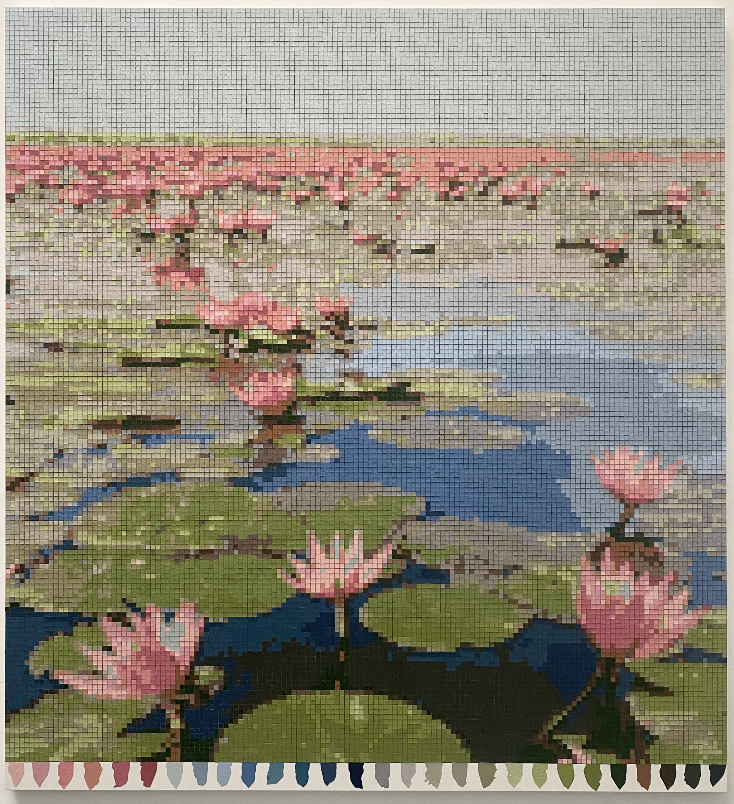 Jeane Terra, Paisagem de lotus para Monet, 2024, Quadrados em Pele de Tinta de 1x1cm sobre canvas, 161 x 148 cm